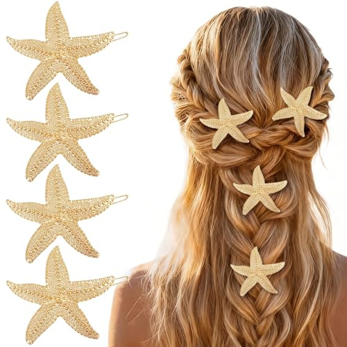 Starfish Hair Clip, 4 Piezas Starfish Horquillas Mujer, Pinzas de Pelo Estrella de Mar, Metal Horquillas de Estrellas de Mar, Accesorios para el Cabello Niñas, para Verano y Bodas