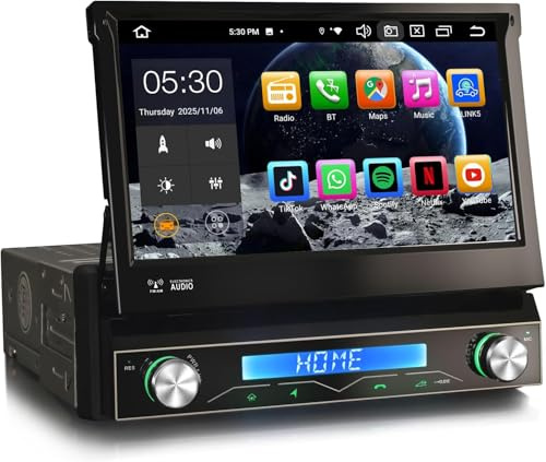 Erisin Android 14 4GB+64GB 8-Core Autoradio 1 Din con GPS Navi Motorizzato Schermo, 7 Pollici HD Touchscreen Bluetooth 5.0 Integrato Wireless CarPlay Android Auto DSP OBD2 DVB-T2 DAB+ WiFi USB TPMS