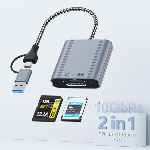 Lettore di schede CFexpress Type A & SD con USB 3.2 Gen 2 10Gbps, USB-C/USB-A 2-in-1,CF express reader compatibile con Windows/Mac/Linux/Android, per iPhone17/16/15, PC, tablet, smartphone