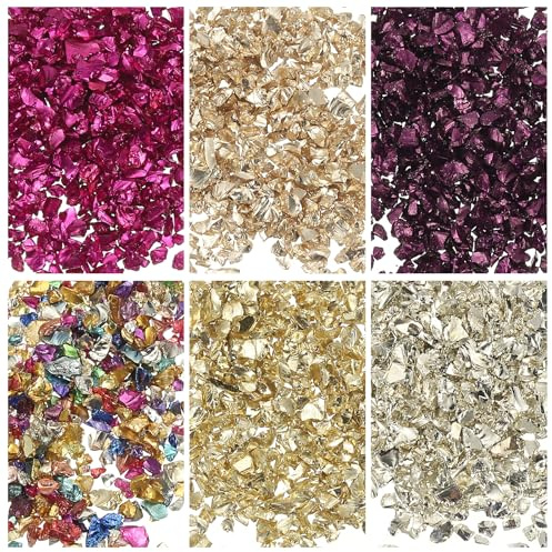 QUARKZMAN 6 Farben Glasbruchstücke 1-3mm Glas Scherben 33g Mehrfarbig | Unregelmäßiger Glitzer, Metallisch, Mit Laserbeutel, Für Basteln DIY Vase Epoxy Halloween Deko