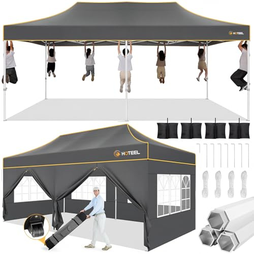 Hoteel Pavillon 3x6 Wasserdicht Stabil Winterfest,Verstärkter Faltpavillon mit Sechskantrohr-Gestell,Anti-UV Partyzelt Faltbar Gartenpavillon für Märkte,Tragetasche mit Rollen,4 Sandsäcke,Grau