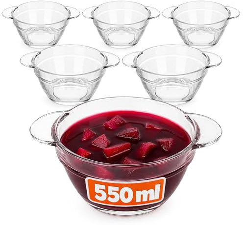 KADAX soppskålar 550 ml, set om 6, genomskinliga skålar för soppor, soppkoppar av glas, soppskålar, glasskålar med handtag, diskmaskinssäker