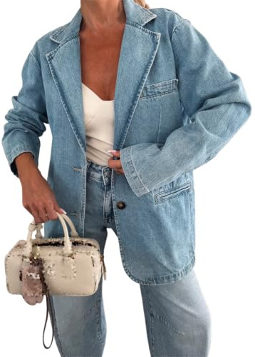Generisk dam oversize jeansblazer med , knappslå och fickor, blå, S