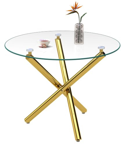 Mesa de comedor redonda de 80 cm de diámetro con tapa de cristal templado, estructura de metal con tres patas
