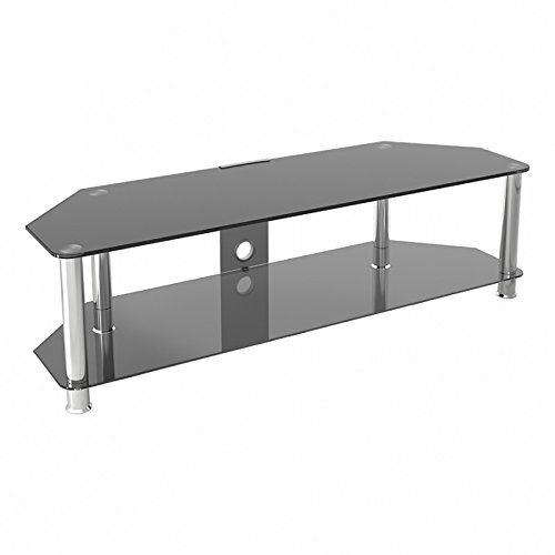 King Glass TV Stand for HD LED LCD 4K 8K QLED TVs up to 65 inch by TV Furniture Direct (140cm, Black Glass, Chrome Leg, Cable Management)