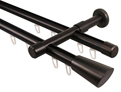 iso-design Gardinenstangen mit Innenlauf 2-läufig schwarz 20 mm Durchmesser, Wandmontage, Gardinenstangenkomplettset aus Metall mit Wandhaltern und Endstück Digo, 360 cm (2 x 180 cm)