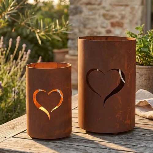 2er Set Windlichter Herz H32/24cm Metall Rostoptik Laternen Outdoor Gartendeko Rostdeko Edelrost Deko