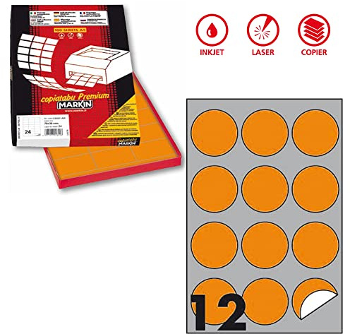 Etichetta adesiva R/310 arancio fluo 100fg A4 tonda Ø60mm (12et/fg) Markin