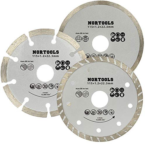 NORTOOLS Diamant-Trennscheibe für Winkelschleifer | 3 Stück Diamant-Sägeblatt-Set 115mm Turbo-Durchgehendrand-Segmentiert Trennscheiben Sägeblätter für Porzellan, Stein, Ziegel, Beton, Mauerwerk