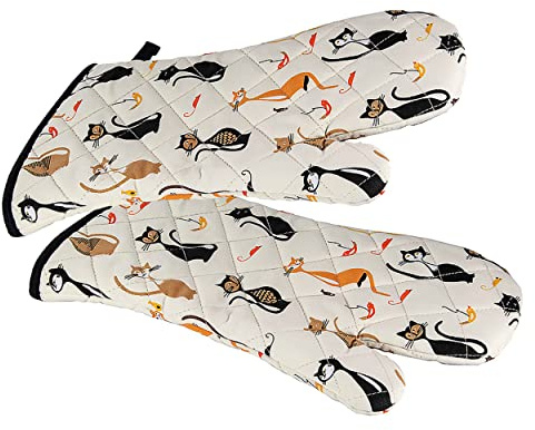 SPOTTED DOG GIFT COMPANY - Backhandschuhe Hitzebeständig Topfhandschuhe Ofenhandschuhe Lang mit Schwarze Katzen Motiv, Katze Geschenk für Frauen Damen und Männer