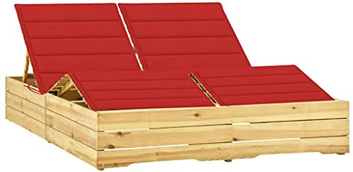 YITHOPI Doppel-Sonnenliege,Holz Sonnenliege,Liegestuhl,Relaxliege,Verstellbare Rückenlehne und Fußstütze,für Draußen,Terrassen,Veranden,Hinterhöfe,Balkone,Pools,mit Roten Auflagen Kiefer Imprägniert