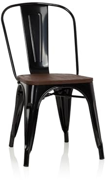 hjh OFFICE Bistrostuhl Metall mit Holzsitz, stapelbarer Küchenstuhl | Esszimmerstuhl Industrial Design, bis 150 kg belastbar, Schwarz