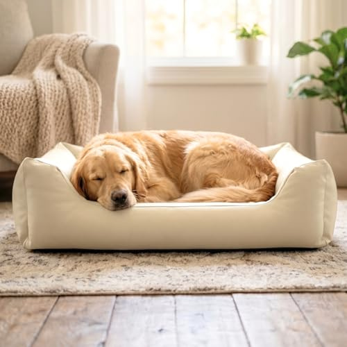 4L Textil MARIO Ortopedisk Hundbädd & Hundsäng i Konstläder – Vattentät Memory Foam Hundbädd – Slitstark & Reptålig – Lätt att Rengöra – För Inomhus & Utomhus (Beige, 100x70 cm)