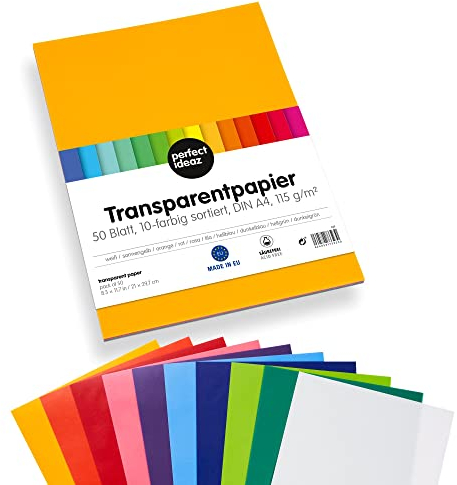 perfect ideaz - 50 Blatt Transparentpapier DIN A4, 10 Farben sortiert, 115 g/m², lichtdurchlässig & hochstabil, säurefrei, FSC® zertifiziert, Bastelpapier für Laternen, Karten & Deko