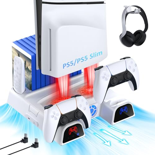 NexiGo PS5 Vertikaler Ständer mit Headset-Halter und Netzteil, für PS5 Disc & Digital Edition Dual Controller Ladestation, 3 Stufen Einstellbare Lüftergeschwindigkeit, 10 Game Rack, Weiß