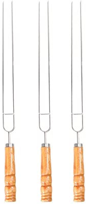 JIUFU 3 pièces 2 Broches brochettes de Barbecue bâton de torréfaction Porte-Fourchette en Acier Inoxydable Outils de Barbecue en Plein air Manche en Bois pour Cuisine Barbec