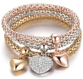 SILANER Crystal Charms Multilayer Bracelets - 3PCS Gold/Silver/Rose Gold Corn Chain Bracelet for Women, Tree of Life Heart Shaped Stretch Bracelet(Solid Hearts Charm)