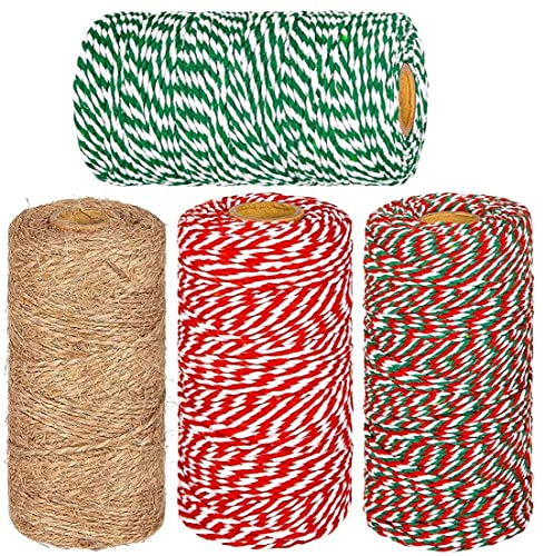 LATERN 4Pcs Christmas Jute Strings and Cotton Twine Rolls, 1312 Feet Red White Green Cotton String Jute Twine Wrapping Rope Cord for Xmas DIY Crafts Presents Baking