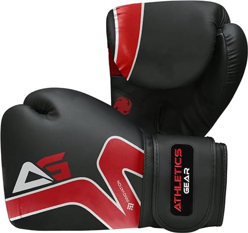 Boxing Gloves by Athletics Gear – 6oz to 16oz Maya Hide Leather Perfect Design and Fit with Fasten Closure System for MMA sparring, fighting, kickboxing, and punching (Black-Red, 8 OZ)