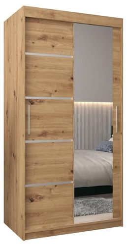 MEBLE KRYSPOL Kleiderschrank mit Spiegel Verona 2 - Garderobenschrank - Schrank Schlafzimmer - Mehrzweckschrank Zwei Schiebetüren - Regalen - Flur Möbel - Kleiderstange Schrank - Allzweckschrank