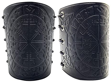 Läderarmband, Viking Vegvisir präglade armarmband läder rustning manschett gauntlet armband viking kostym för LARP bågskytte, Svart