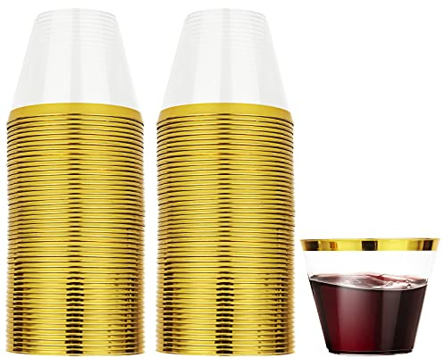 YAYODS 100PCS Gold Rimmed Plastic Cups, 270ML Clear Drink Tumblers, Stackable Drink Cups for Wedding, Events, Cocktail and Parties