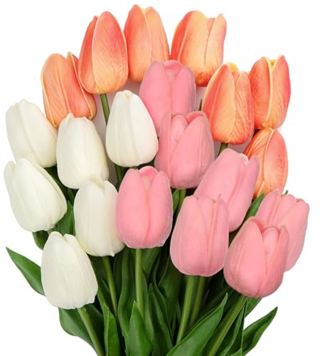 20 Pcs Artificial Tulips Flowers Mixcolor Real Touch Fake Tulips Fake Flowers for Mother's Day 13.5 Faux Tulips Faux Flowers Bulk Artificial Tulips Flowers for Vase Centerpieces Home Wedding Bouquet