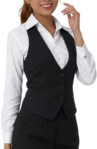 Caziffer Damen Geknöpfte Anzugweste Einfarbig V-Ausschnitt Elegant Retro Slim Fit Business Weste Weste, Schwarz , XL