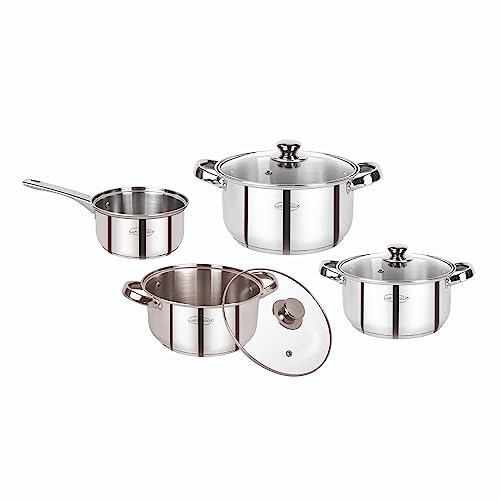 Batería de cocina 7 piezas, acero inoxidable, inducción, Lexia: cazo 16 cm (1,5L), cacerolas con tapa de 16 (1,5 litros), 18 cm (2 litros) y 20 cm (3 litros)