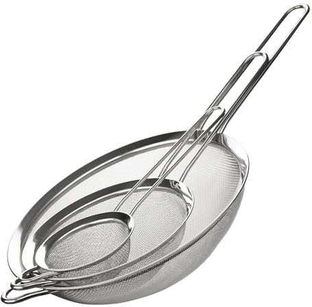 3Pc Stainless Steel Sieve and Strainer Sifter Set | 8cm, 14cm, 20cm | Fine Mesh Strainers with Handle | Easy to Use & Wash - For Cooking Baking Rinsing & Washing