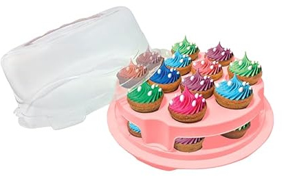 Optimal Products 2 Tiers White Plastic Cupcake Carrier Holder With Lid Storage Box Container Lockable White Base With Clear Lid