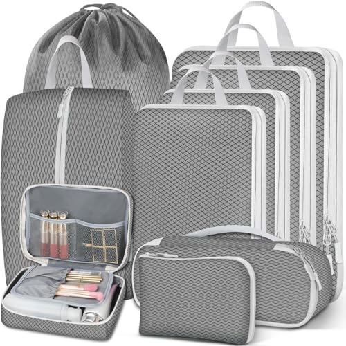 Otauoaea Koffer Organizer Set 9 Teilig, Packing Cubes Compression,Packtaschen mit Kompression,Ultraleichte Travel Organizer für Koffer und Rucksack,Packwürfel,Kofferorganizer Reise Kleidertaschen,Grau