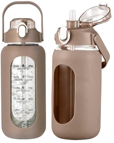 32oz Water Bottle with Straw Glass Water Bottles with Time Marker and Silicone Sleeve Motivational Sports Drinking Bottle for School Office Use Coffee,Water Bottles, Water Bottles with Straw, Glass W