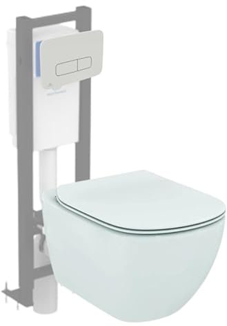 WC suspendu IDEAL STANDARD Tesi Aquablade + abattant et plaque de commande Oleas double blanche + Bâti autoportant Porcher éco