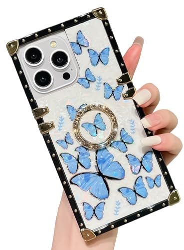 HALATUA Luxury Girly Compatible with iPhone 15 Pro Max Rectangle Case Designed with Diamond Ring Holder Kickstand, Sparkle Butterfly Pattern Mother Shell Pearl Texture for Women & Girls(Blue)