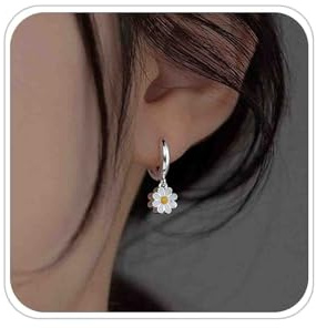 Boho Daisy Flower Charm Enamel Huggie Hoop Earrings - Silver, Cute Daisy Drop, Small Flower, Sunflower Dangle - Jewelry for Women and Girls