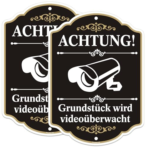 Schild Achtung Grundstück wird videoüberwacht 2 Stück, 25cm x 18cm | Aluminiumschild mit Videoüberwachung, wetterfest, rostfrei, UV-beständig, mit vorgebohrten Löchern, Gewerbe & Privatbereich