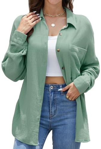 Stamain Sage Green Shirts for Women Summer Casual Cotton Shirt Women Oversized Blouses for Ladies UK with Pocket Long Sleeve Buttoned Tops for Party Daily L