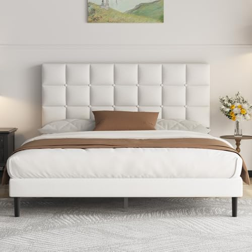 Yocreat Letto imbottito 120 x 200 cm, letto matrimoniale, telaio con testiera e rete a doghe, altezza 30 cm, bianco