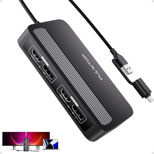 PULWTOP Displaylink Adaptador, Adaptador de Monitor Dual DisplayPort 4K@60 Hz y HDMI para USB 3.0 y USB-C, MacBook M1/M2/M3/M4/M5/Windows, Base Displaylink con DisplayPort o HDMI, USB 2.0, Ethernet