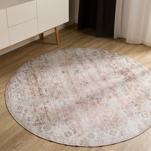 benuta Basic Waschbarer Teppich George - Rosa 120 cm rund - Kunstfaser - rund & im Style: Vintage, Elegant, Retro - Pflegeleicht für Wohnzimmer Schlafzimmer