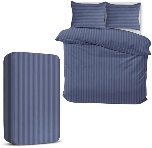 MOONLIGHT20015 King Size Duvet Cover Sets 4 Piece Satin Stripe Duvet Covers Soft Brushed Microfiber Bedding Set with Fitted Sheet & 2 Pillow Cases (Washed Blue, 230x220 cm)