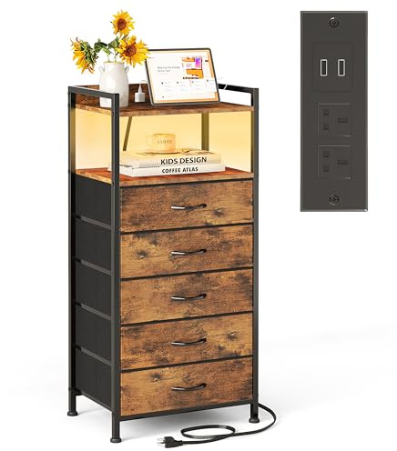 MUTUN Mesita de noche con estación de carga, 41 cm de ancho, 5 cajones con 2 tomas, 2 puertos USB y luces LED, cómoda pequeña para dormitorio, sala de estar, oficina, pasillo, ahorro de espacio