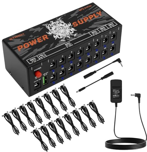 STRICH SPS X-Hub Gitarrenpedal-Netzteil für 9V/12V/18V, Effektpedale mit 100-300 mA, 16 unabhängige Ausgänge, Kurzschlussschutz und geräuschlos, 5V 1A USB-Anschluss für Mobilgeräte, Tablets