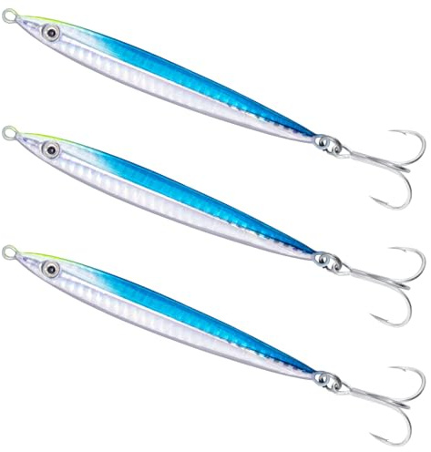 Alwonder 3pcs/10g Sea Fishing Spinner Lure Colorful Laser Jigging Spoons with Treble Hooks, Sea Fishing Lure Long Casting Jig for Mackerel Cod Bass Pike Color: Yellow Blue