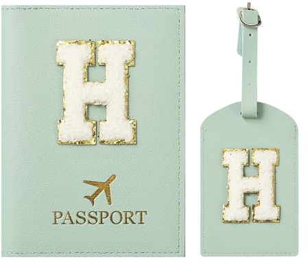 ZVRSUA Reisepasshülle und Kofferanhänger mit Buchstabe H,Passport Hülle, Hülle Reisepass,Ausweismappe, der Pass, Kofferanhänger für Kreuzfahrten und Flugreise,Geschenk für Damen/Teenager/Kind(Grün H)
