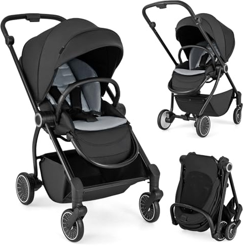 COSTWAY Silla de Paseo con Asiento Reversible, Carrito Bebe Plegable con Respaldo Reclinable, Toldo Ajustable, Asa y Reposapiés, Coche Infantil de Aluminio con Cesta y Ruedas con Suspensión (Negro)