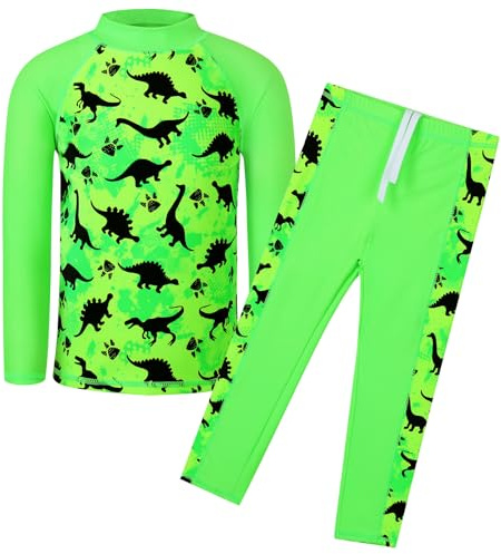 HUAANIUE Boys 3-12Y Two Piece Long Sleeve Swimsuit UPF 50+ Sun Protection(Long GreenDinosaur,140/146)