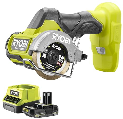 Ryobi - Meuleuse 18 volts sans fils, 76mm, Brushless, livrée avec 2 lames (pour métal et tuiles) et 1 disque abrasif - 1 Batterie 2Ah et 1 Chargeur Rapide