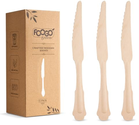 FOOGO Green Couverts en Bois Jetables, Certifiés FSC®, 100 Couteaux, 20cm, Écologique Compostable, Fête Pique-nique, Set de Couverts en Bambou pour Apéritifs